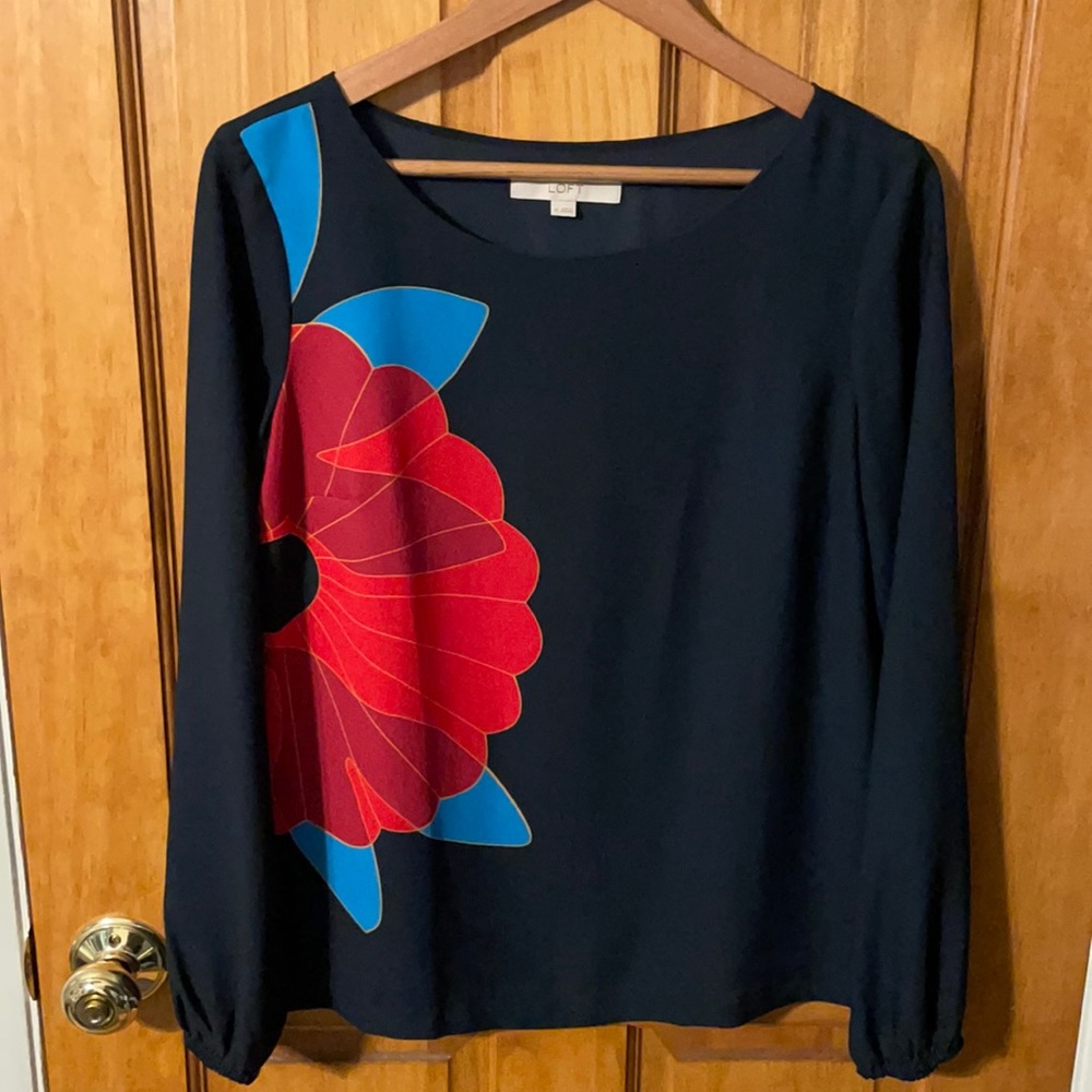 Ann Taylor Loft. Like new. XS navy blouse with red flower.